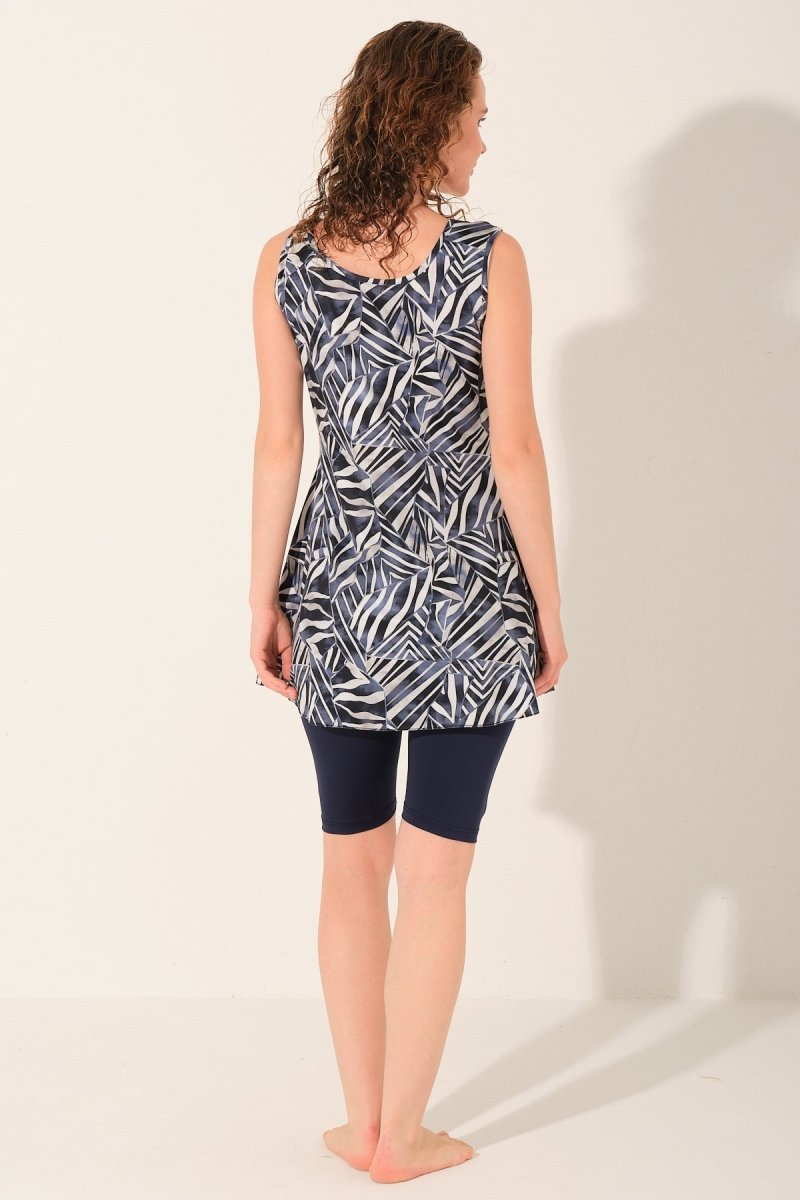 Alfasa Sevina Patterned Sleeveless Semi - Closed Swimsuit with Leggings, Navy Blue 26805 - 26 - ihvan
