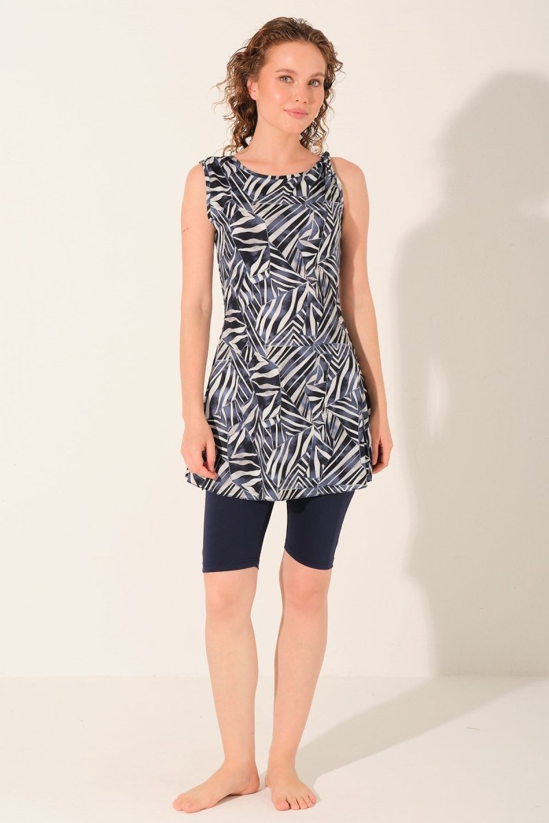 Alfasa Sevina Patterned Sleeveless Semi - Closed Swimsuit with Leggings, Navy Blue 26805 - 26 - ihvan
