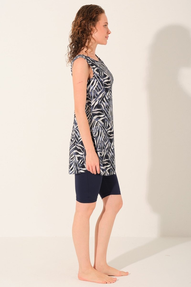 Alfasa Sevina Patterned Sleeveless Semi - Closed Swimsuit with Leggings, Navy Blue 26805 - 26 - ihvan