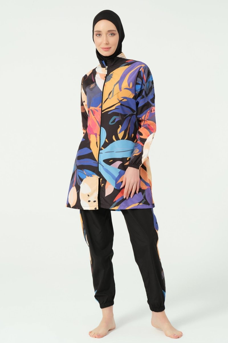 Alfasa Sienna Patterned Full Coverage Hijab Swimsuit Long Sleeved Zippered 25279 - 26 Black - ihvan