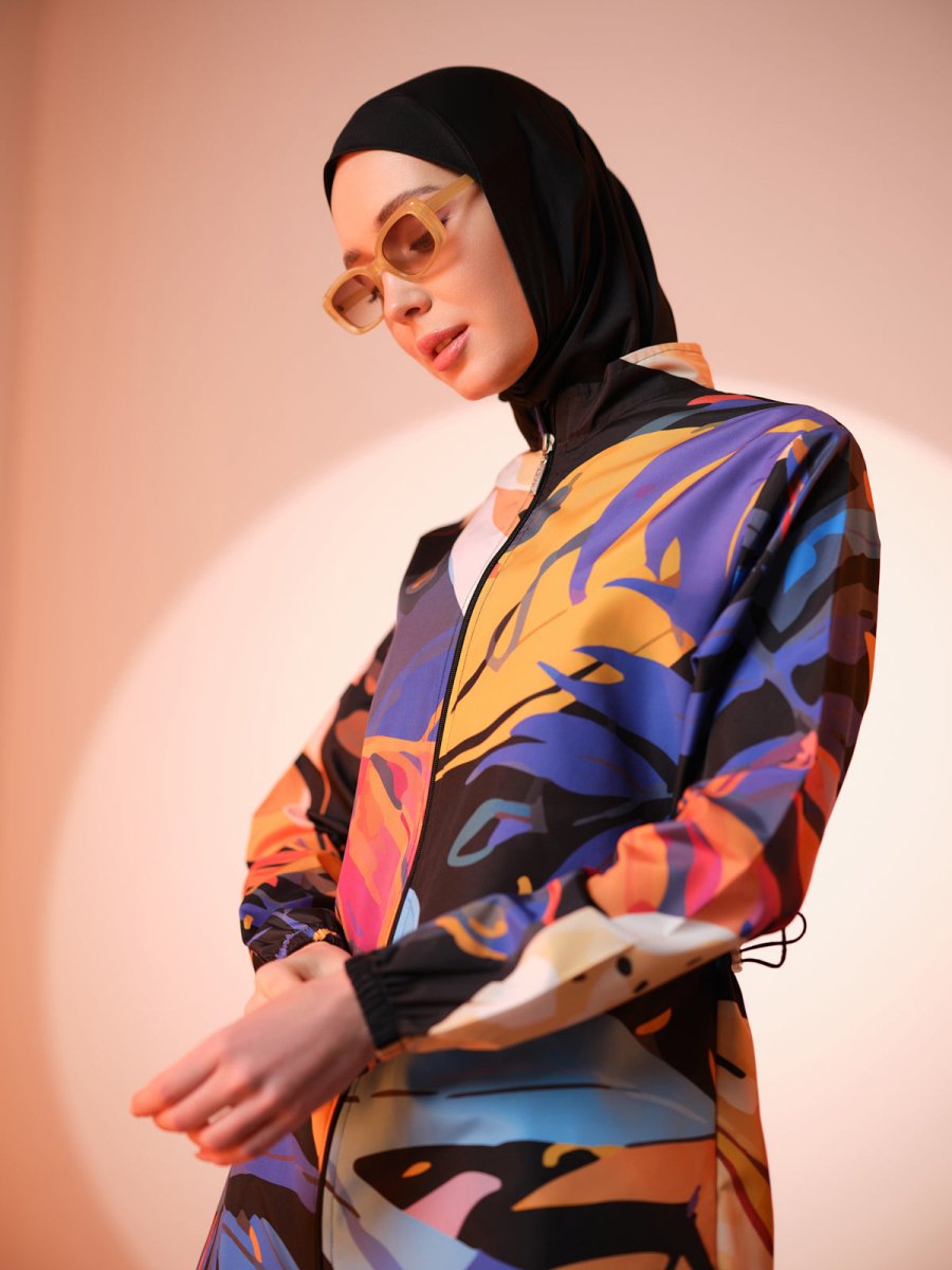 Alfasa Sienna Patterned Full Coverage Hijab Swimsuit Long Sleeved Zippered 25279 - 26 Black - ihvan