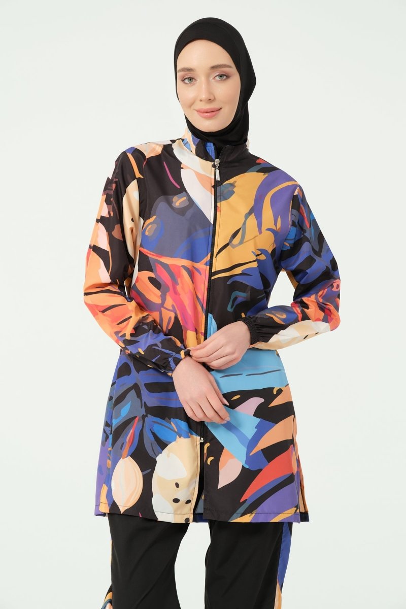 Alfasa Sienna Patterned Full Coverage Hijab Swimsuit Long Sleeved Zippered 25279 - 26 Black - ihvan