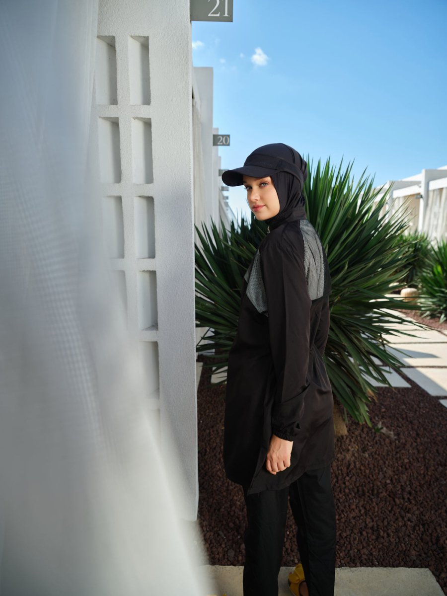 Alfasa Sport Sleeve Print Full Coverage Hijab Swimsuit 26238 - 26 - Black - ihvan