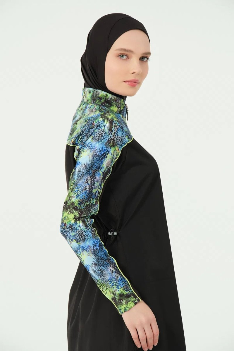 Alfasa Trop Patterned 5 - Piece Quick - Drying Full Coverage Hijab Swimsuit Set with Hair Trim, 25416 - 25 Green - ihvan