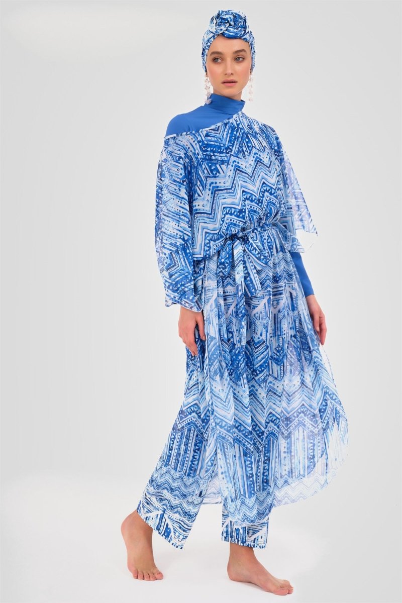Alfasa Water Patterned Belted Chiffon Pareo Blue - 7054 - 25 - ihvan