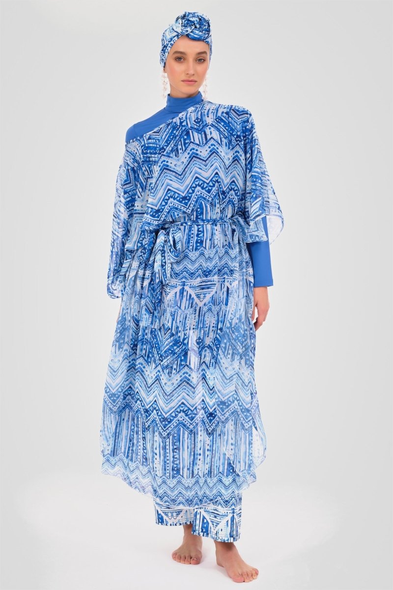 Alfasa Water Patterned Belted Chiffon Pareo Blue - 7054 - 25 - ihvan