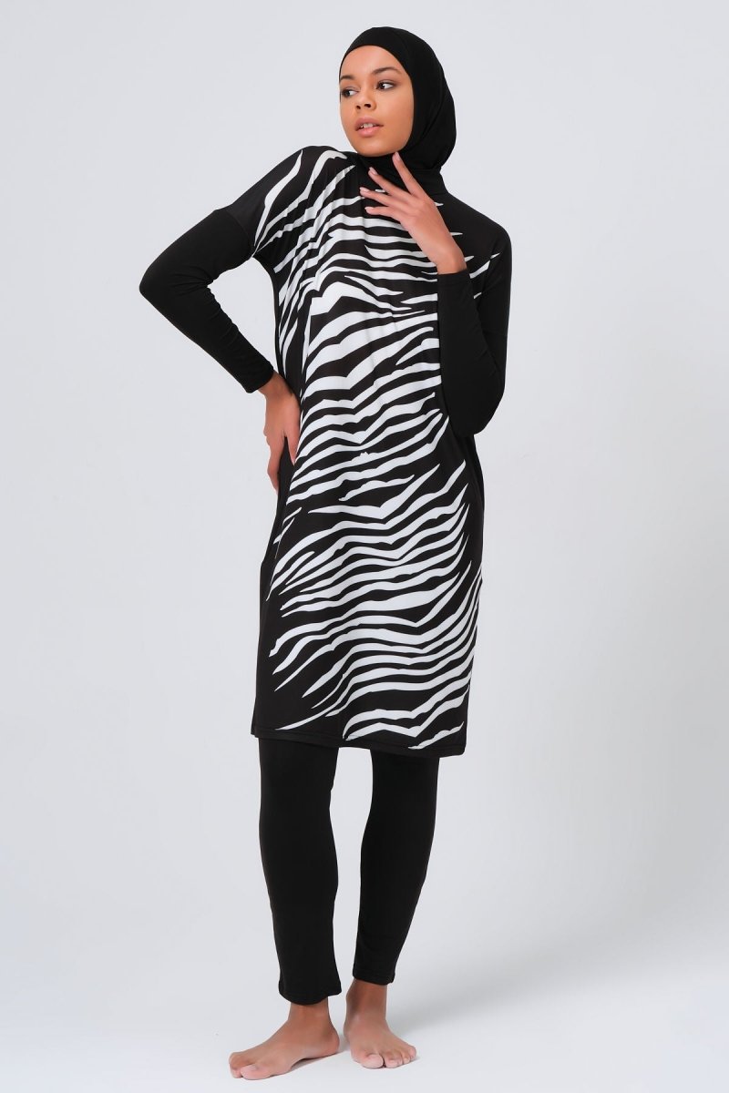 Alfasa Women's Full Coverage Hijab Swimsuit with Zebra Pattern Front 23691 Black - ihvan