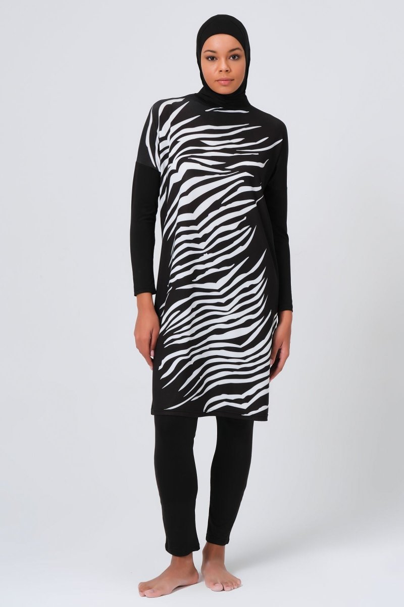 Alfasa Women's Full Coverage Hijab Swimsuit with Zebra Pattern Front 23691 Black - ihvan