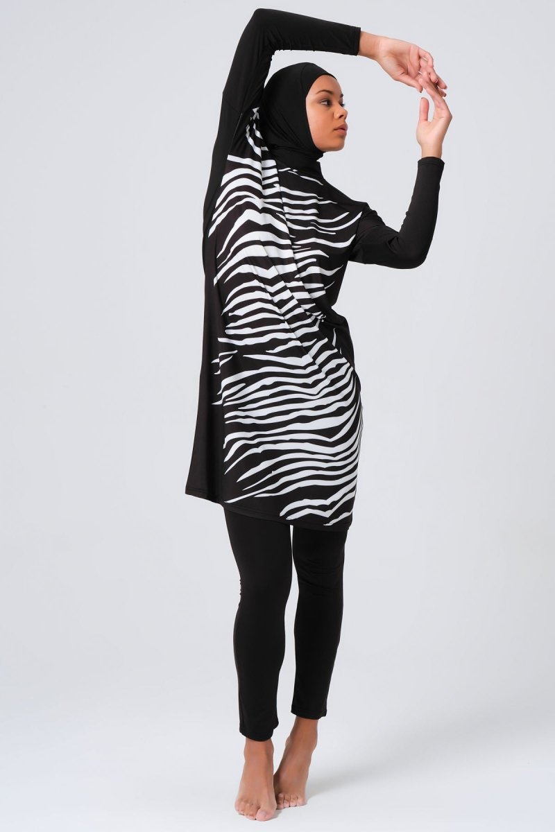 Alfasa Women's Full Coverage Hijab Swimsuit with Zebra Pattern Front 23691 Black - ihvan