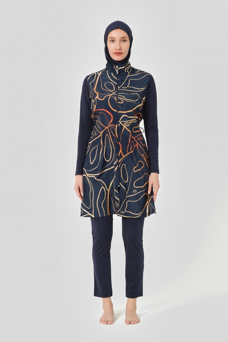 Alfasa Women's Nature Pattern Full Coverage Hijab Swimsuit 24402 - 24 Navy Blue - ihvan