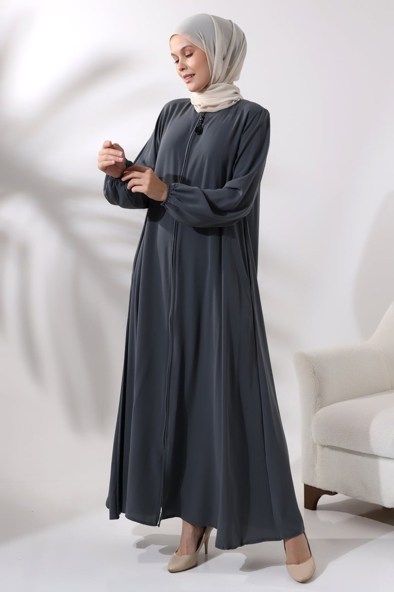Anthracite Zippered, Elasticated Sleeve Medina Silk Mevlana Model Hijab Abaya - ihvan