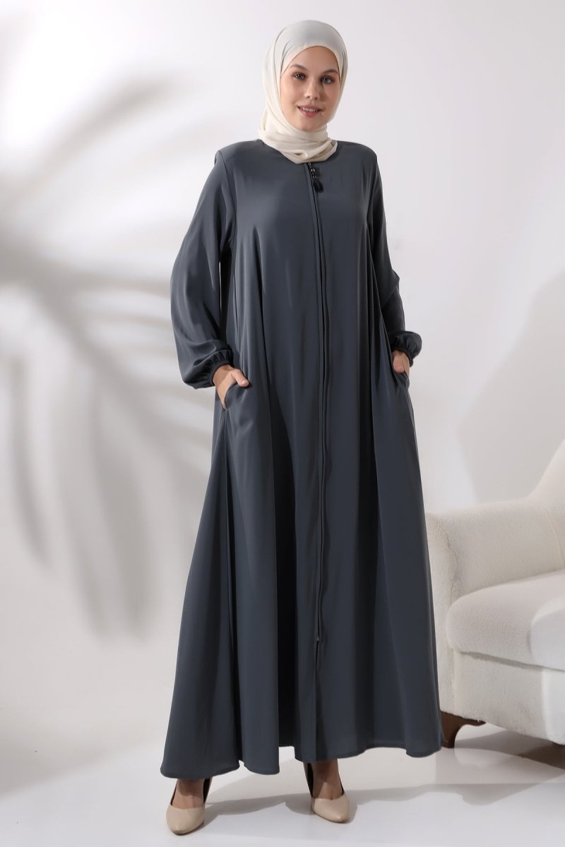 Anthracite Zippered, Elasticated Sleeve Medina Silk Mevlana Model Hijab Abaya - ihvan