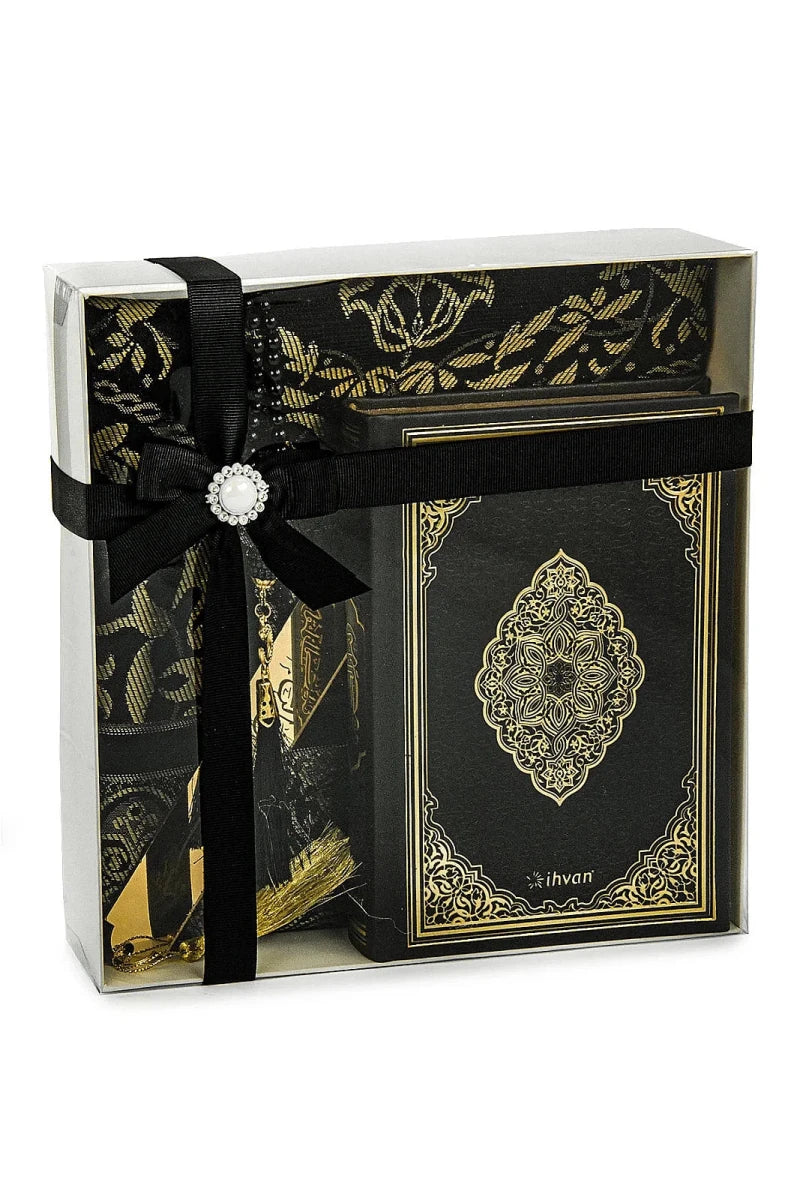 Arabic Quran Islamic Gift Box Set with Taffeta Prayer Mat, Tasbih & Bookmark - ihvan