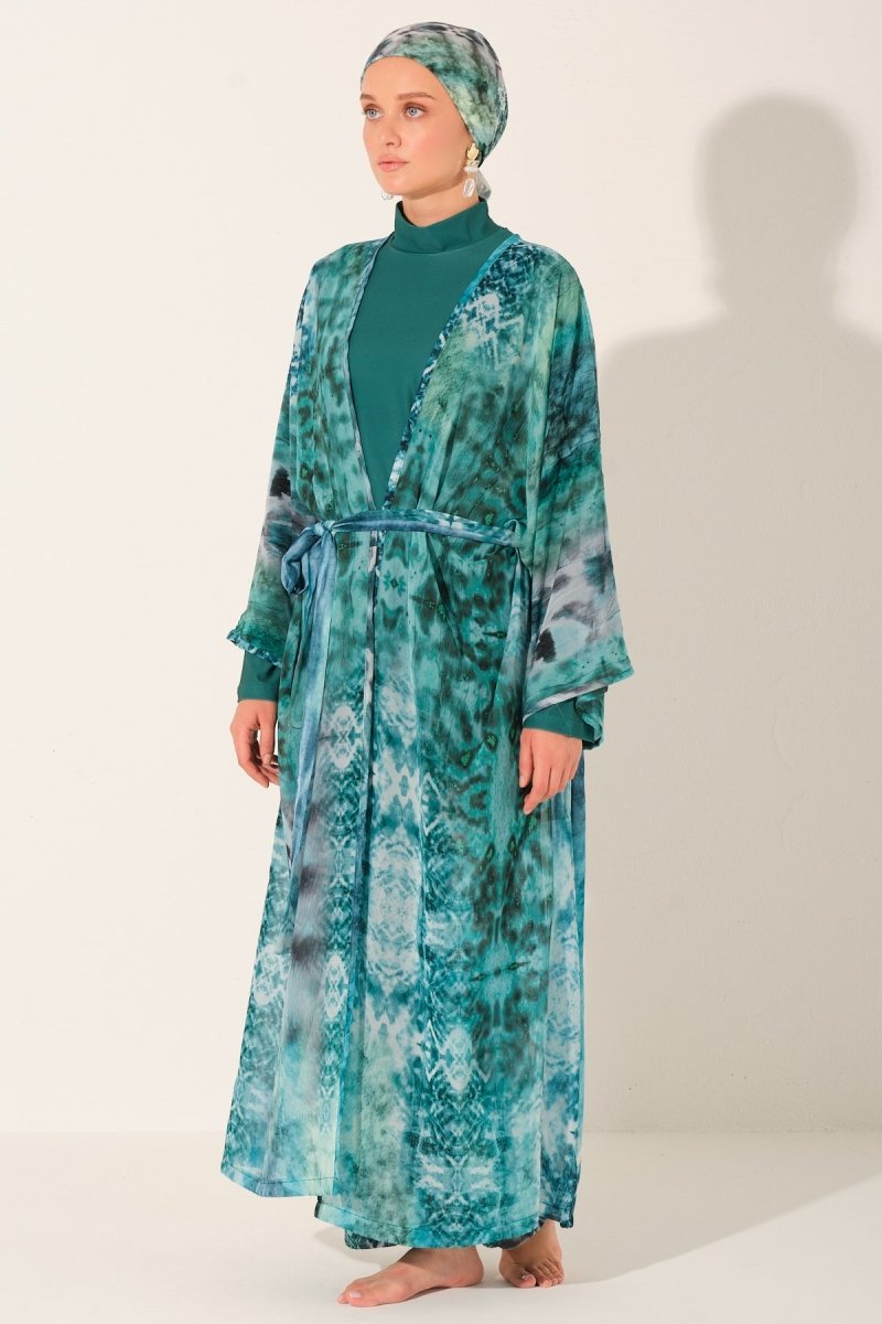 Batik Patterned Belted Long Pareo 7149 - 26 Emerald Green - ihvan