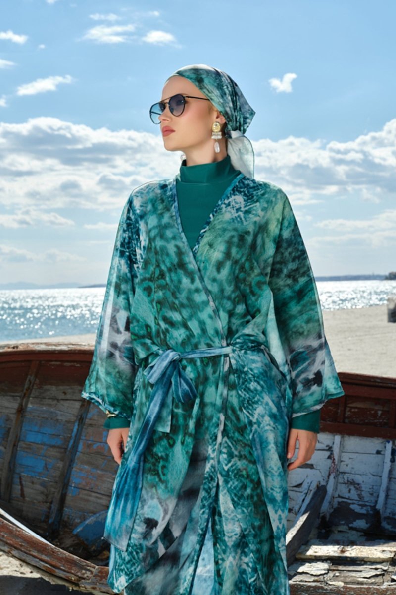 Batik Patterned Belted Long Pareo 7149 - 26 Emerald Green - ihvan