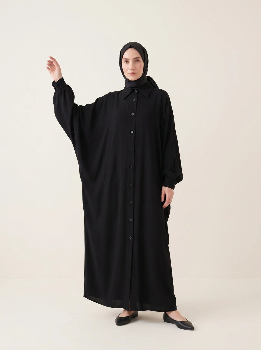 Batwing Sleeve Abaya Shirt with Buttoned Collar, Cuffs, and Pockets, Black 9559 - 26 - ihvan