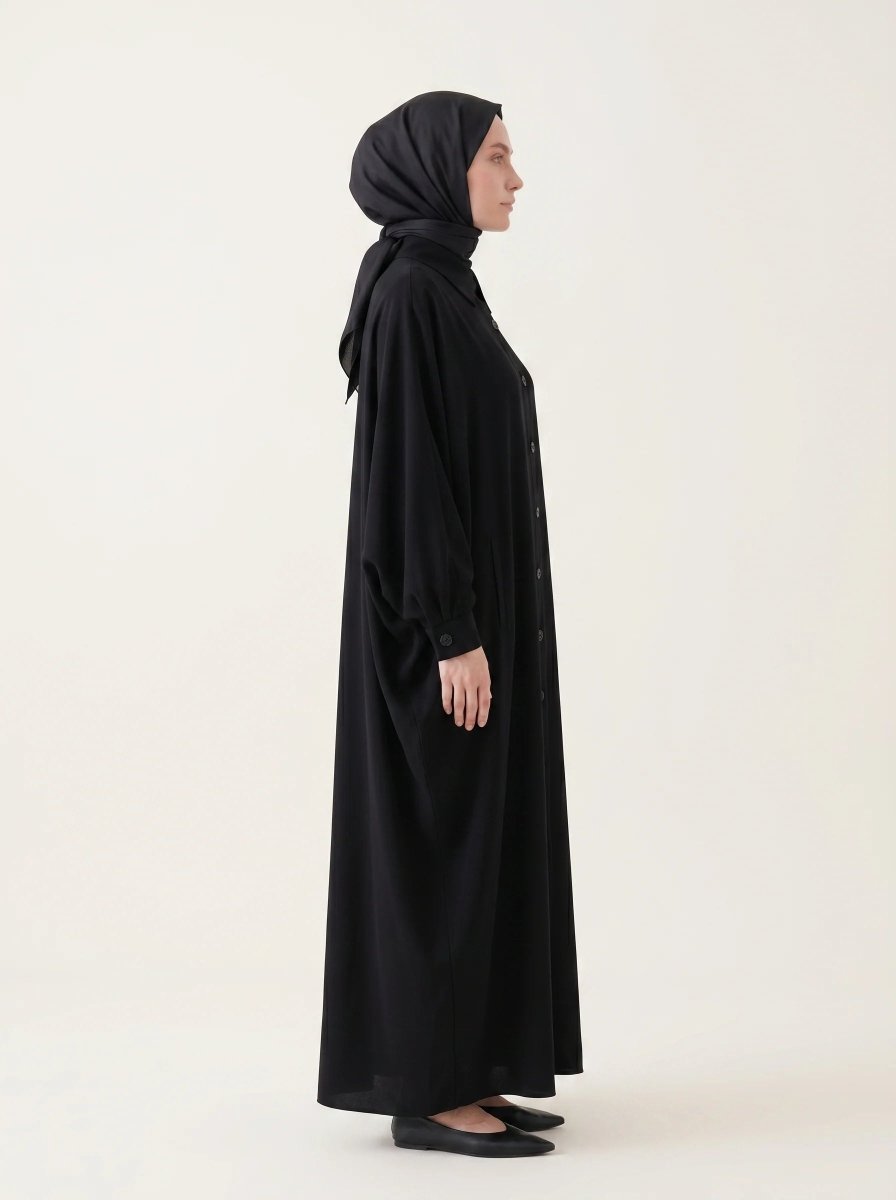 Batwing Sleeve Abaya Shirt with Buttoned Collar, Cuffs, and Pockets, Black 9559 - 26 - ihvan
