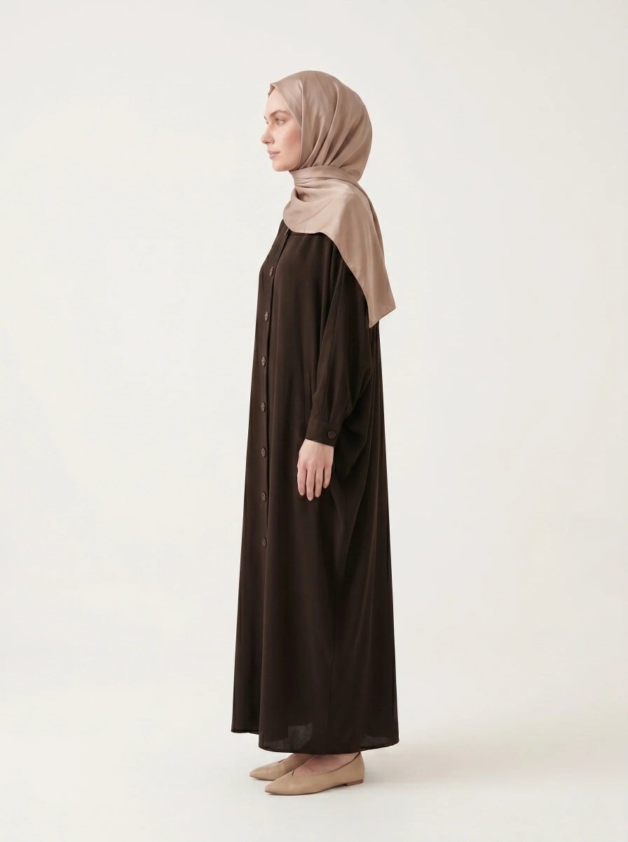 Batwing Sleeve Abaya Shirt with Buttoned Collar, Cuffs, and Pockets, Brown 9559 - 26 - ihvan