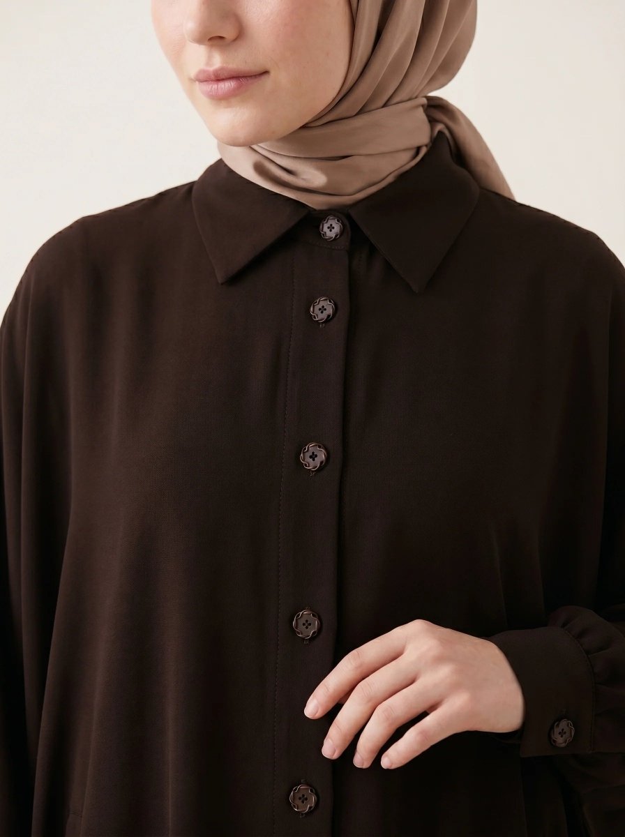 Batwing Sleeve Abaya Shirt with Buttoned Collar, Cuffs, and Pockets, Brown 9559 - 26 - ihvan