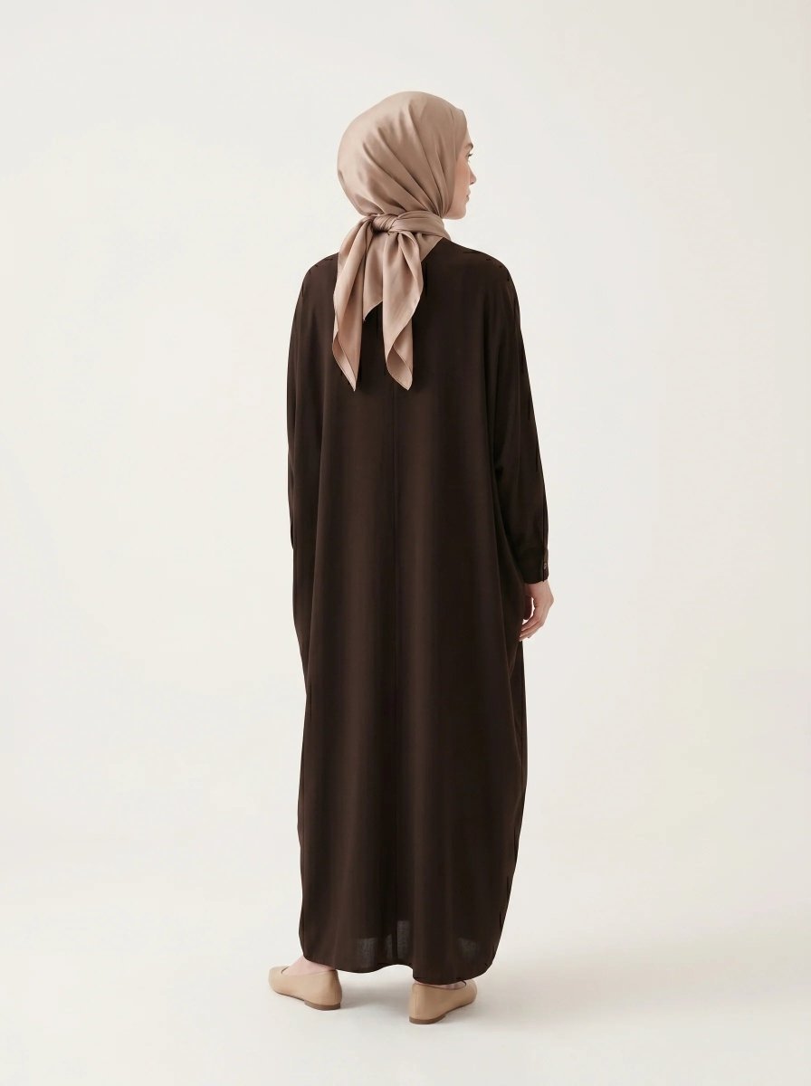 Batwing Sleeve Abaya Shirt with Buttoned Collar, Cuffs, and Pockets, Brown 9559 - 26 - ihvan