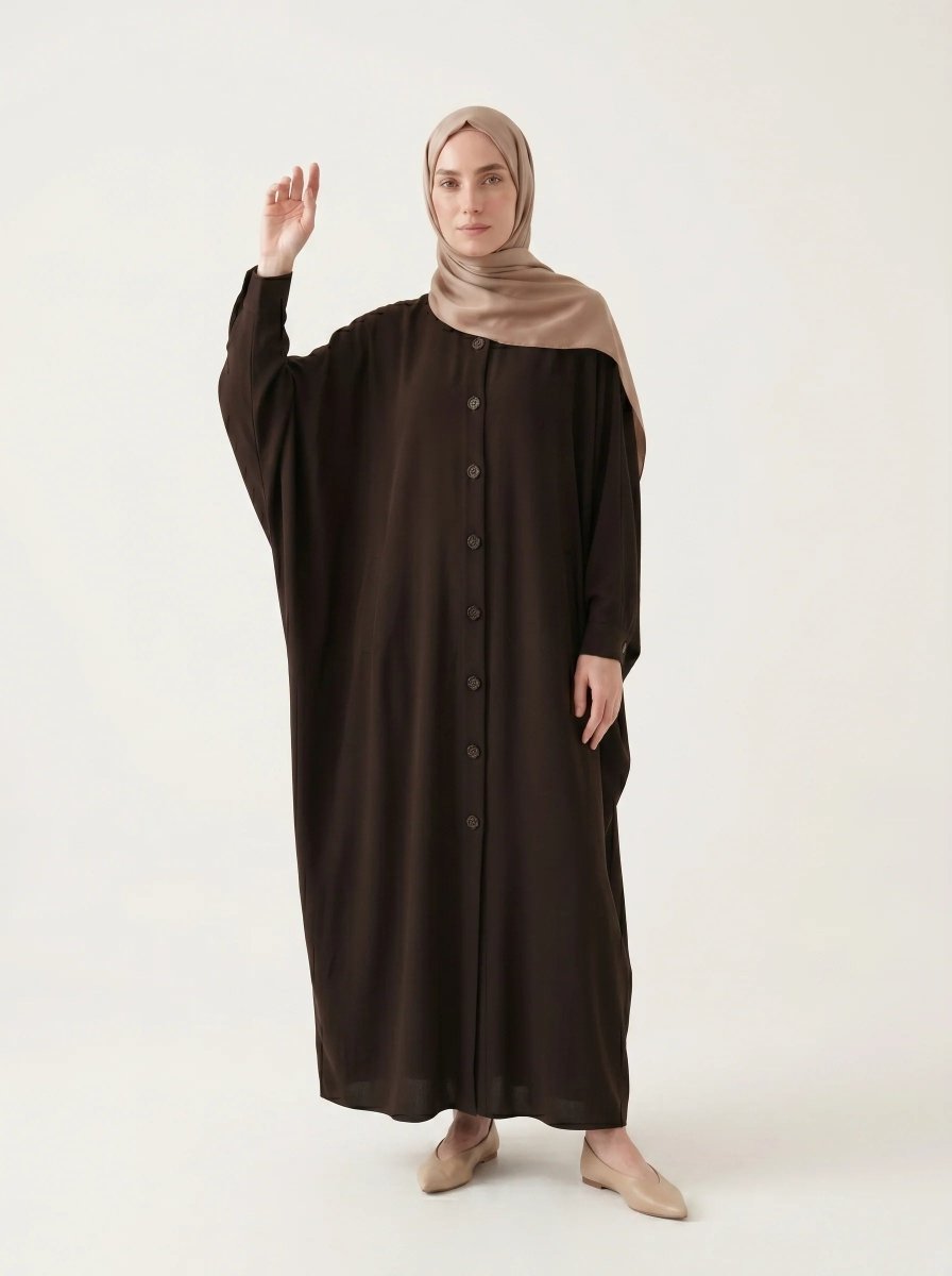 Batwing Sleeve Abaya Shirt with Buttoned Collar, Cuffs, and Pockets, Brown 9559 - 26 - ihvan