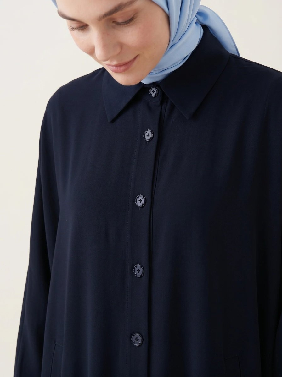 Batwing Sleeve Abaya Shirt with Buttoned Collar, Cuffs, and Pockets, Navy Blue 9559 - 26 - ihvan