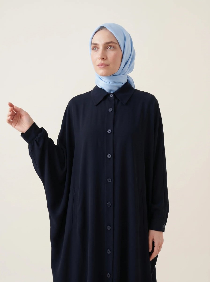 Batwing Sleeve Abaya Shirt with Buttoned Collar, Cuffs, and Pockets, Navy Blue 9559 - 26 - ihvan