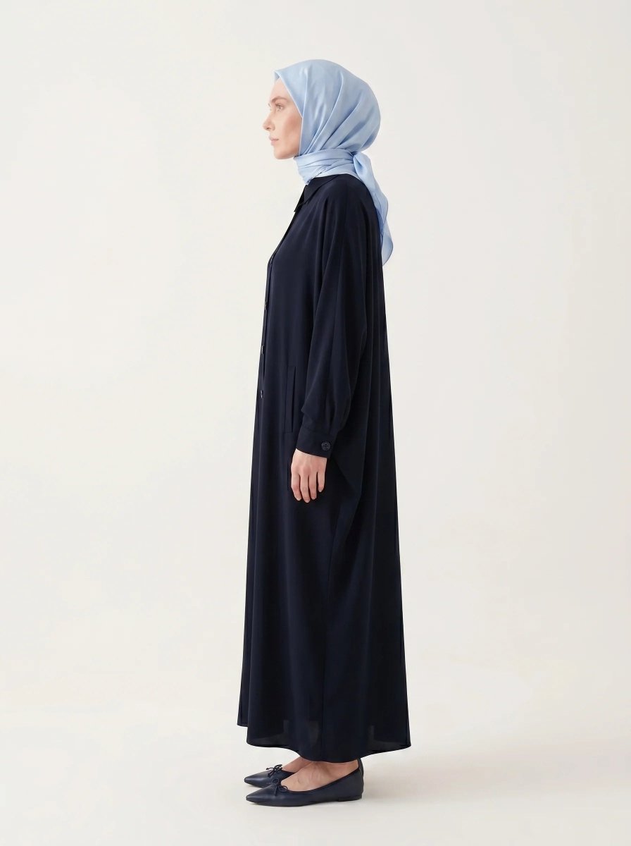 Batwing Sleeve Abaya Shirt with Buttoned Collar, Cuffs, and Pockets, Navy Blue 9559 - 26 - ihvan