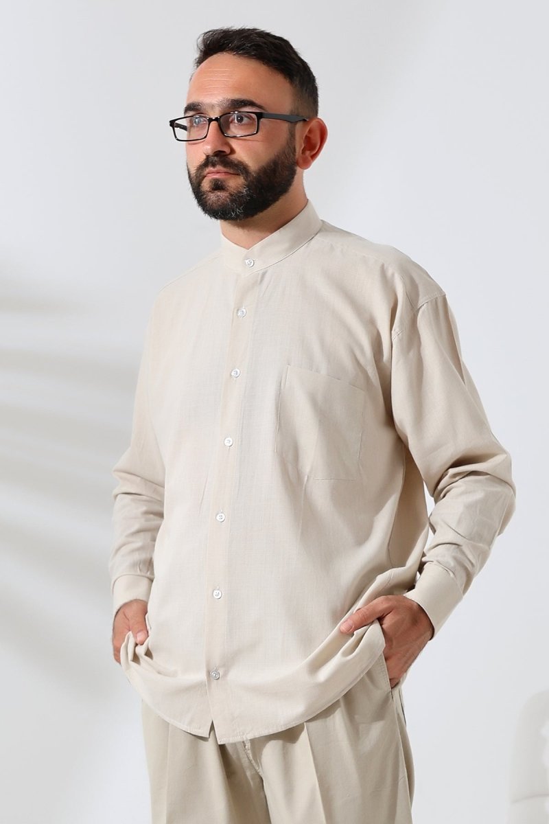 Beige Men's Loose Fit Single Pocket Mandarin Collar Hajj and Umrah Linen Shirt - ihvan