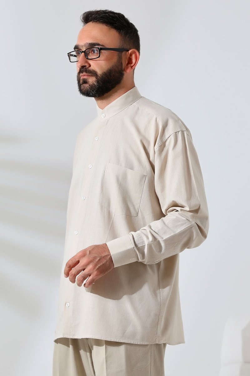 Beige Men's Loose Fit Single Pocket Mandarin Collar Hajj and Umrah Linen Shirt - ihvan