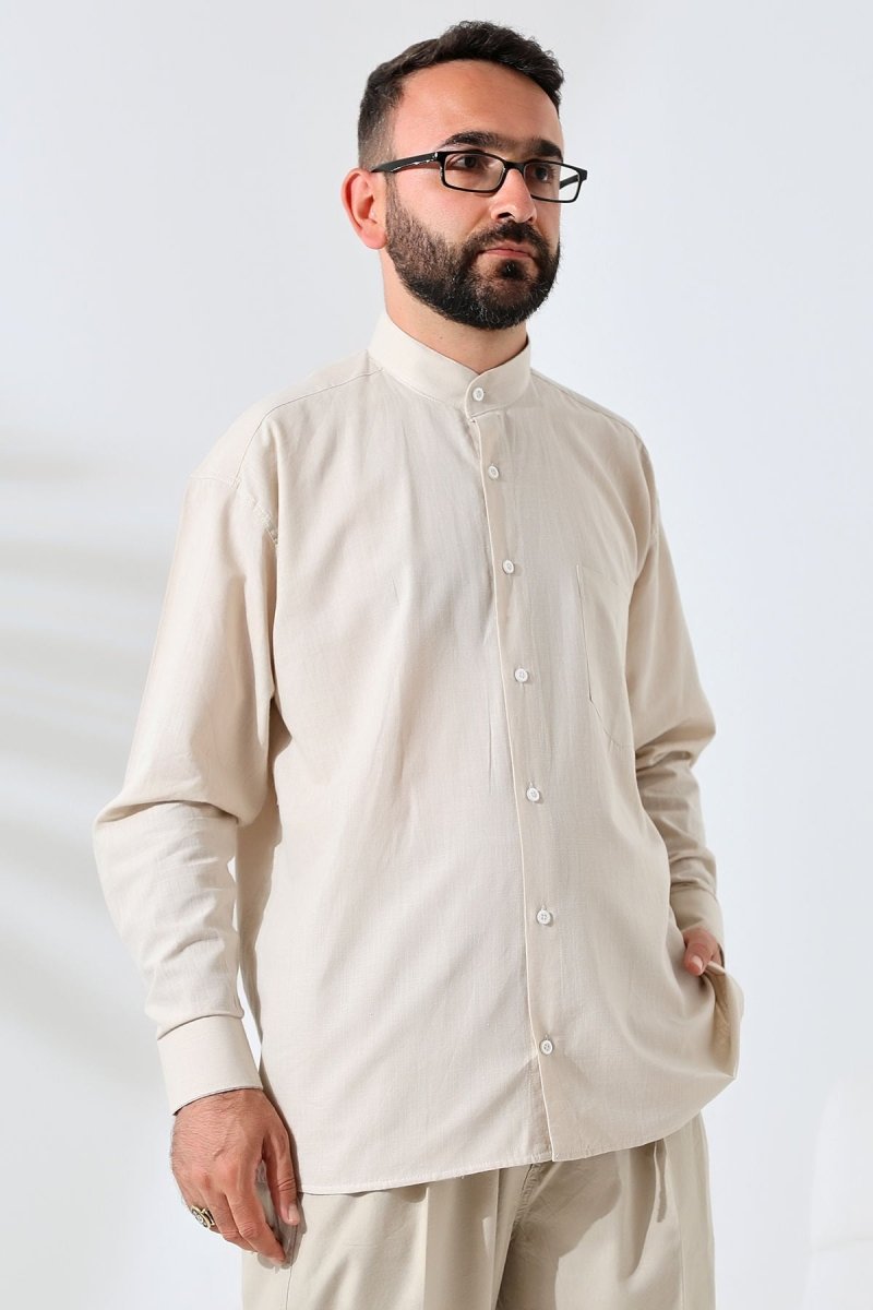 Beige Men's Loose Fit Single Pocket Mandarin Collar Hajj and Umrah Linen Shirt - ihvan