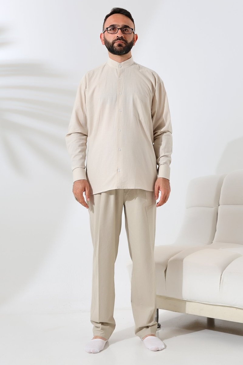 Beige Men's Loose Fit Single Pocket Mandarin Collar Hajj and Umrah Linen Shirt - ihvan