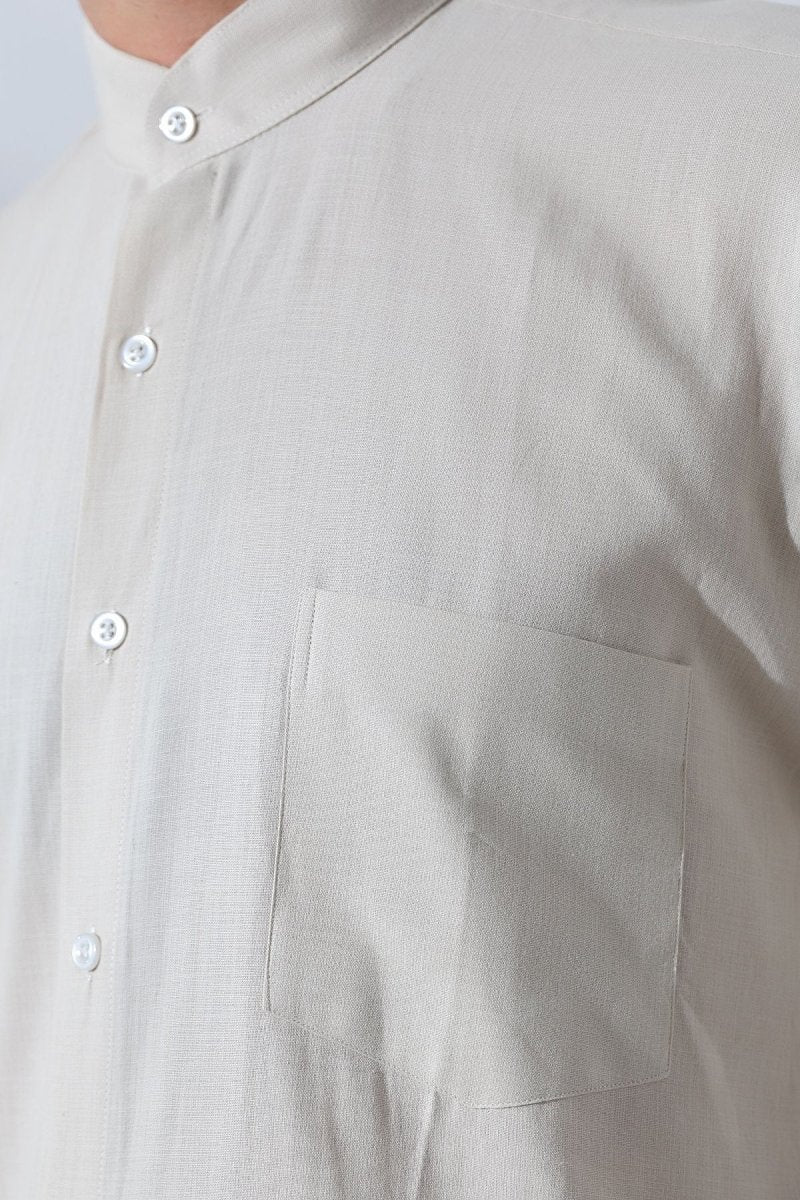Beige Men's Loose Fit Single Pocket Mandarin Collar Hajj and Umrah Linen Shirt - ihvan