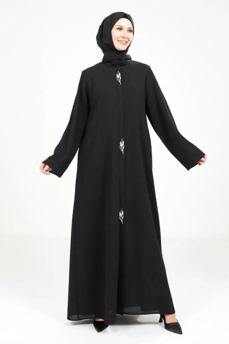BEYZA 3487-25 BLACK LEAF DETAILED ABAYA - ihvan