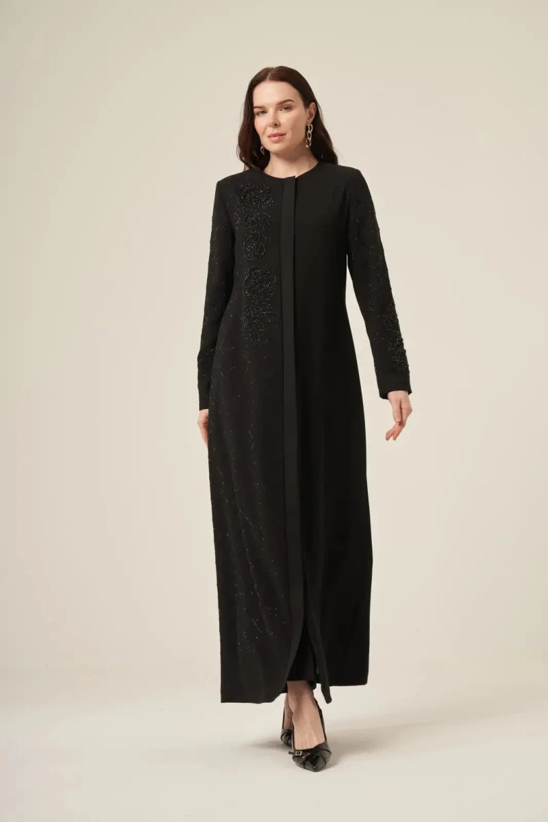 Black Abaya with Single-Sided Crystal Stone Detail and Hidden Zipper 6163-25 Black - ihvan