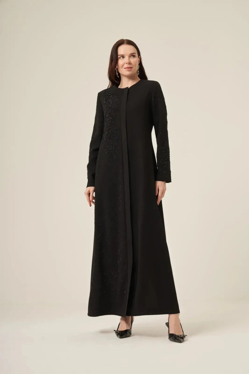 Black Abaya with Single-Sided Crystal Stone Detail and Hidden Zipper 6163-25 Black - ihvan