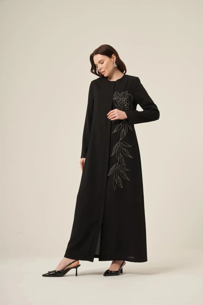 Black and White Hijab Abaya with Swarovski Crystal Details and Hidden Zipper 6158-25 Black - ihvan