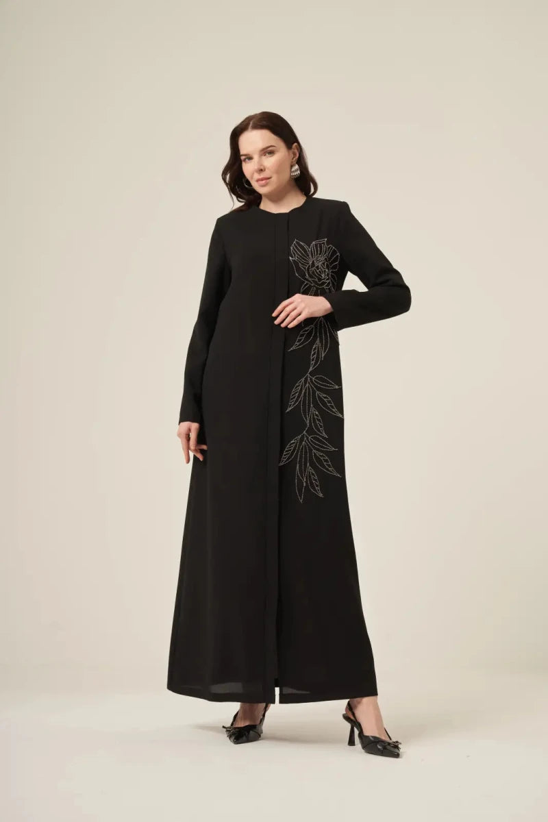 Black and White Hijab Abaya with Swarovski Crystal Details and Hidden Zipper 6158-25 Black - ihvan