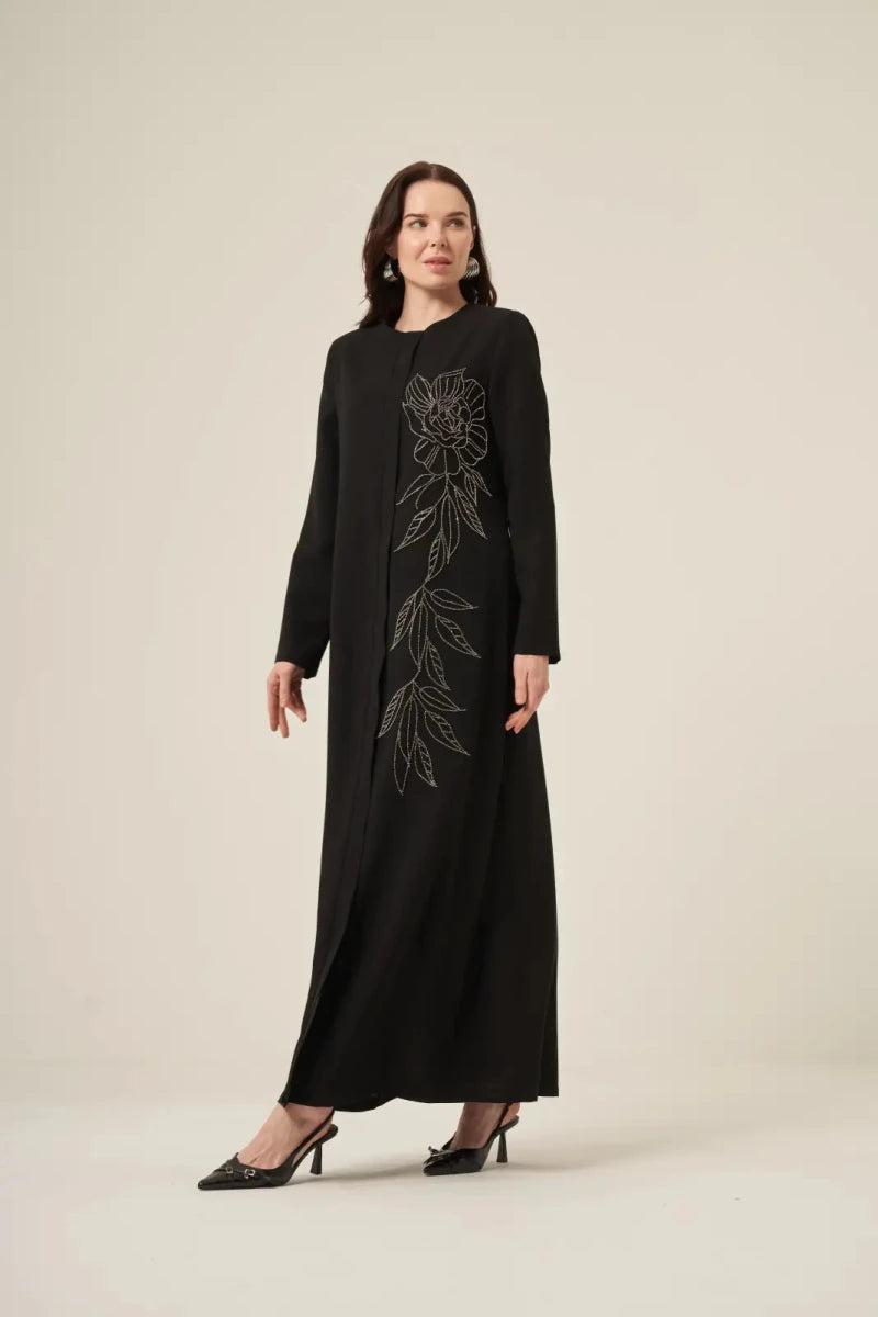 Black and White Hijab Abaya with Swarovski Crystal Details and Hidden Zipper 6158-25 Black - ihvan
