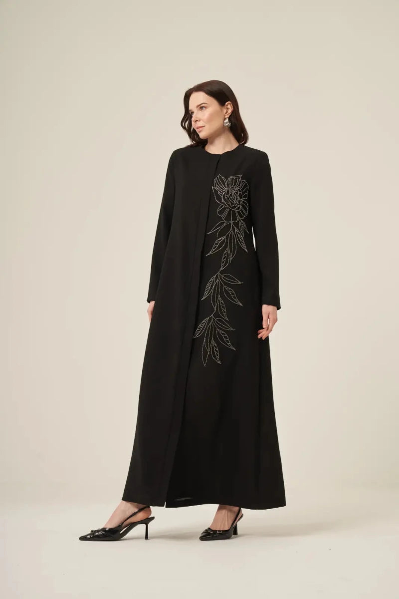 Black and White Hijab Abaya with Swarovski Crystal Details and Hidden Zipper 6158-25 Black - ihvan