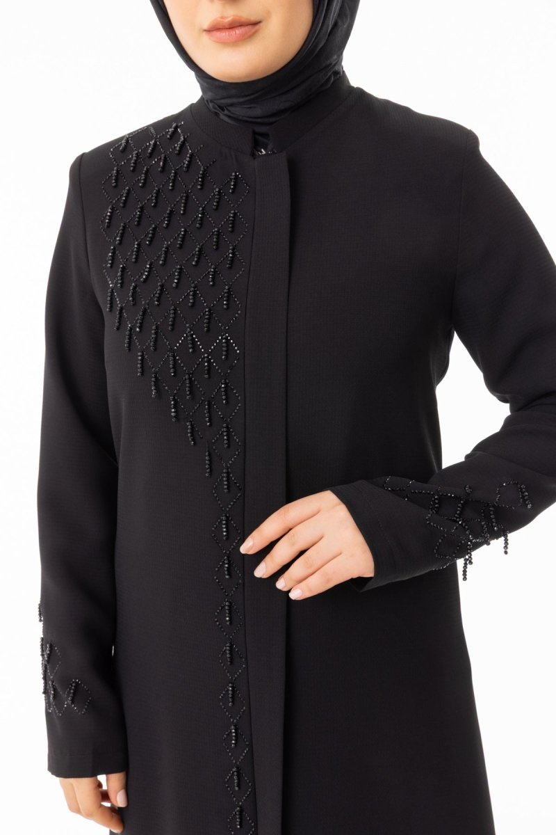 Black Beaded Embroidered Hijab Abaya - Plus Size Full Length Coat Zerenay 5610 - 26 - ihvan