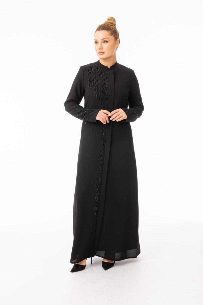 Black Beaded Embroidered Hijab Abaya - Plus Size Full Length Coat Zerenay 5610 - 26 - ihvan