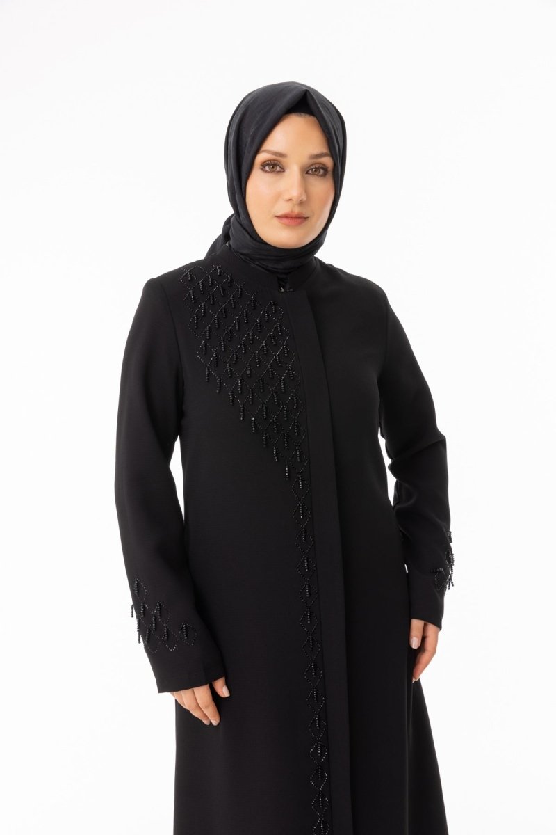 Black Beaded Embroidered Hijab Abaya - Plus Size Full Length Coat Zerenay 5610 - 26 - ihvan
