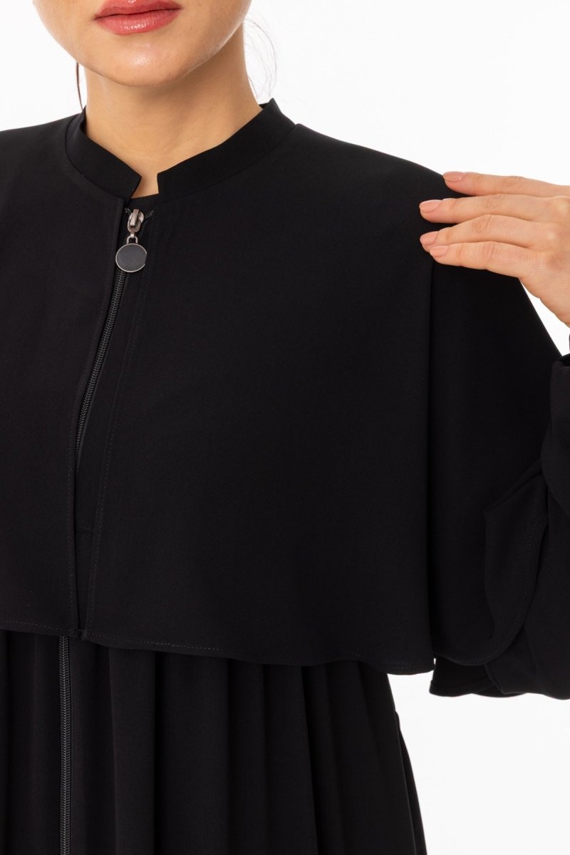 Black Cape Zippered Hijab Abaya - Full Length with Belt Zerenay 5612 - 26 - ihvan