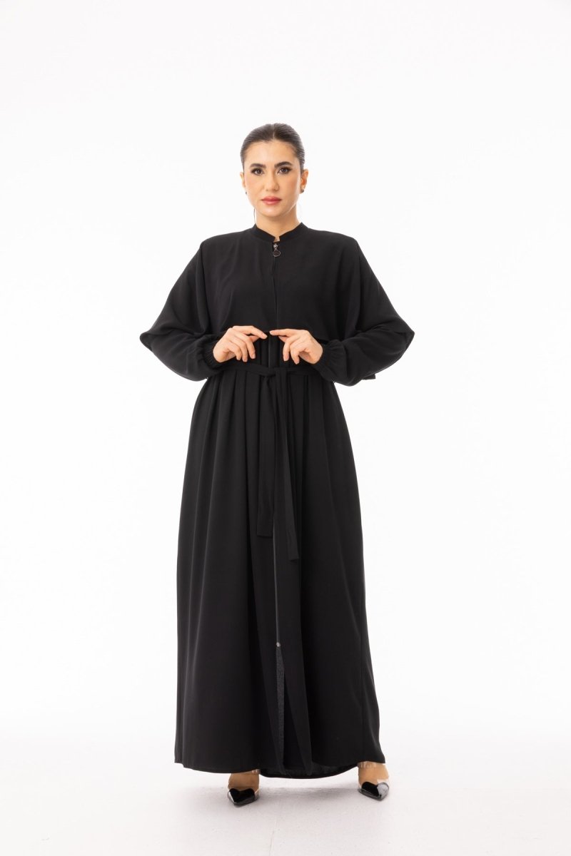 Black Cape Zippered Hijab Abaya - Full Length with Belt Zerenay 5612 - 26 - ihvan