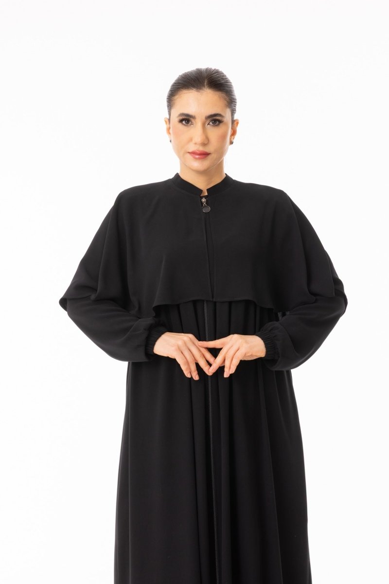 Black Cape Zippered Hijab Abaya - Full Length with Belt Zerenay 5612 - 26 - ihvan