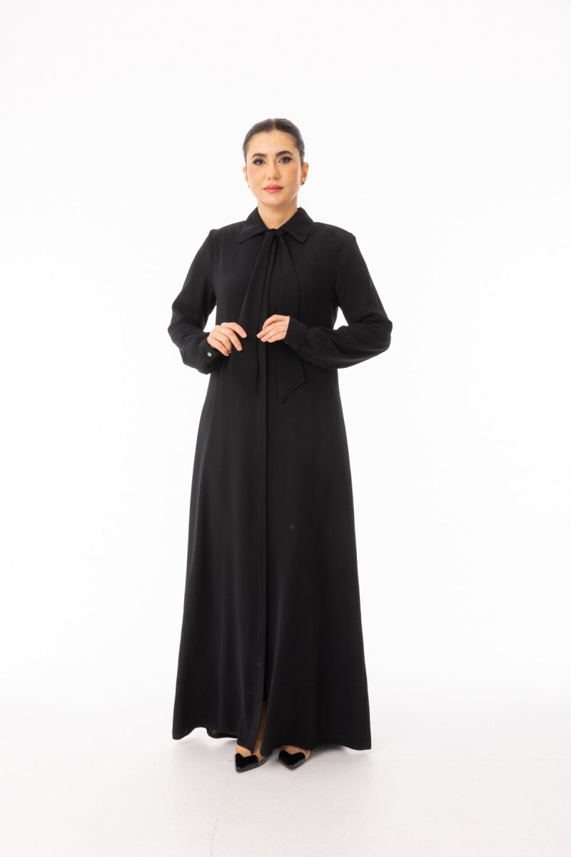 Black Collared Hijab Abaya with Scarf - Plus Size Full Length Zerenay 5349 - 26 - ihvan