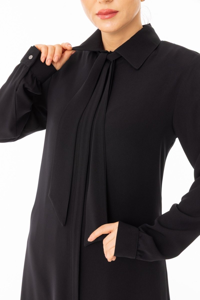 Black Collared Hijab Abaya with Scarf - Plus Size Full Length Zerenay 5349 - 26 - ihvan