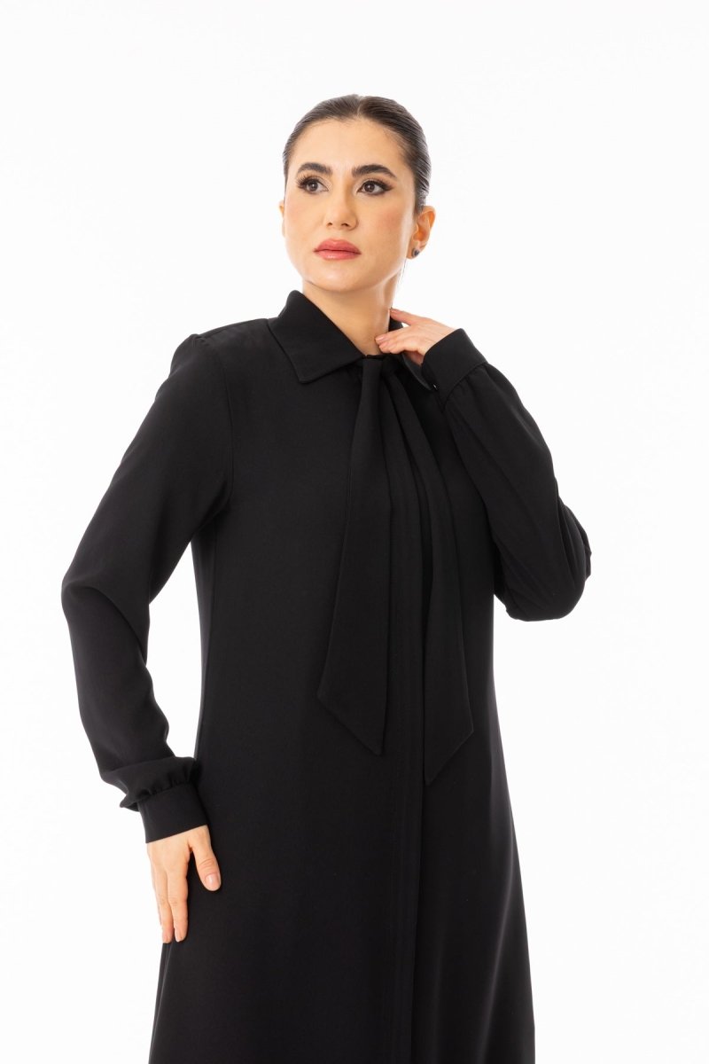 Black Collared Hijab Abaya with Scarf - Plus Size Full Length Zerenay 5349 - 26 - ihvan