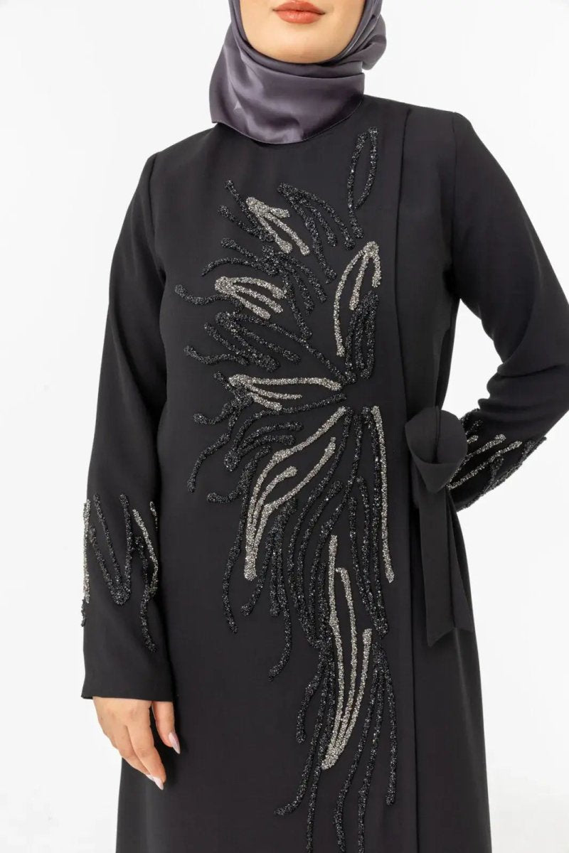 Black Double - Breasted Tie - Up Abaya with Stone Embellishments Zerenay 5503 - 25 - ihvan